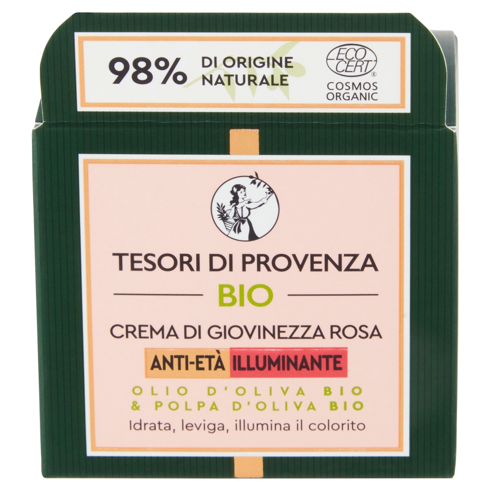Tesori di Provenza Crema Viso Rosa Bio, Anti-età e Illuminante, 50 ml